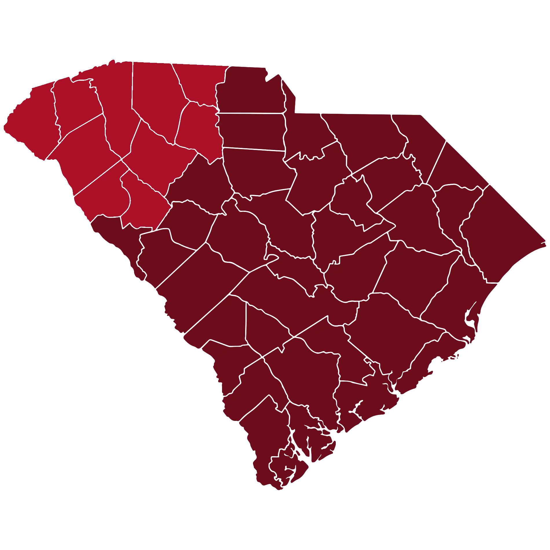 Map of Upstate South Carolina highlighting Tanner's Legendary Tree Service coverage area including Spartanburg and Greenville