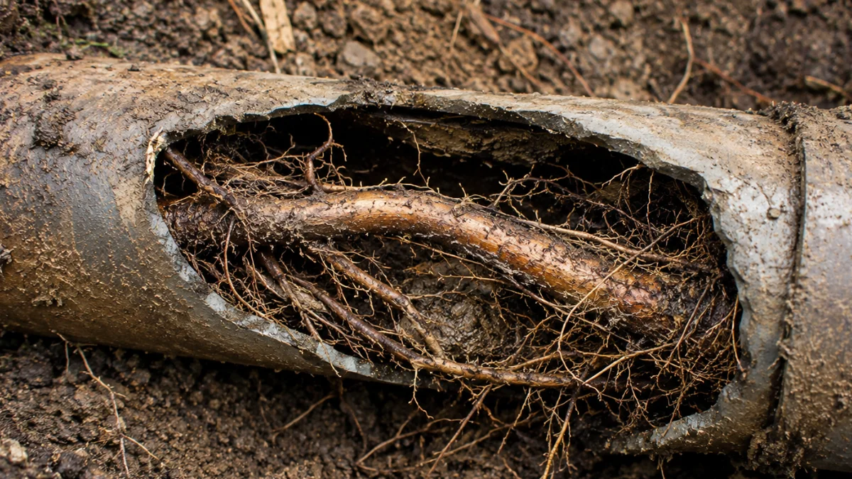 Diagram of root intrusion into a pipe showing tree roots damaging a sewer line