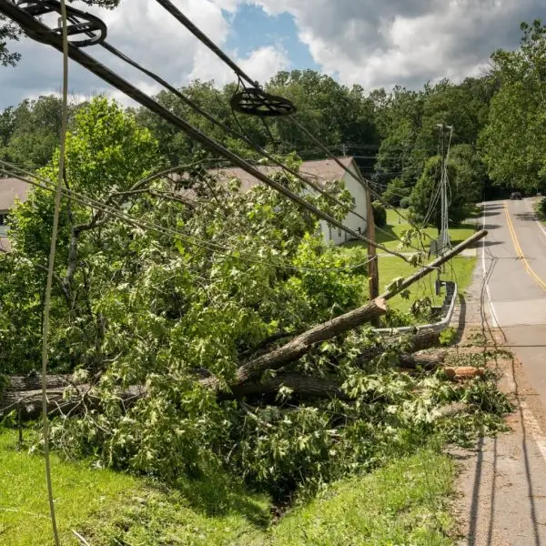 Storm-damaged tree fallen across power lines and road, requiring immediate emergency tree removal in Upstate South Carolina